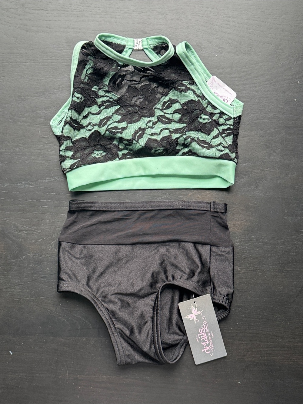 Girls Mint Green and Black Lace Dance Crop Top & Shorts Set - Stage Ready
